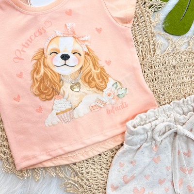  Conj. Blusa Doguinha Princess e Short Corações em Linho - Salmão e Areia